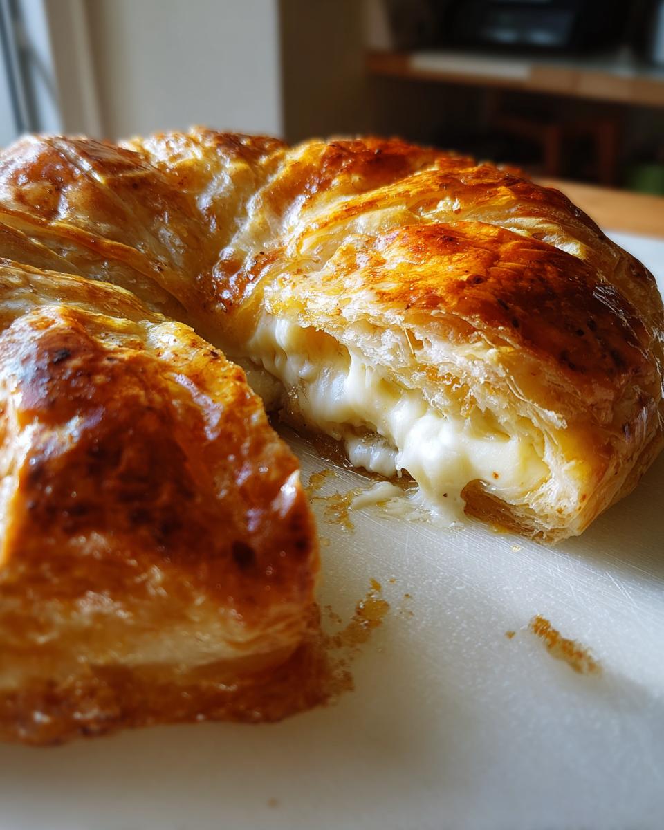 Close-up of baked brie in puff pastry cut open, showing melted, gooey cheese oozing out from the golden-brown crust.
