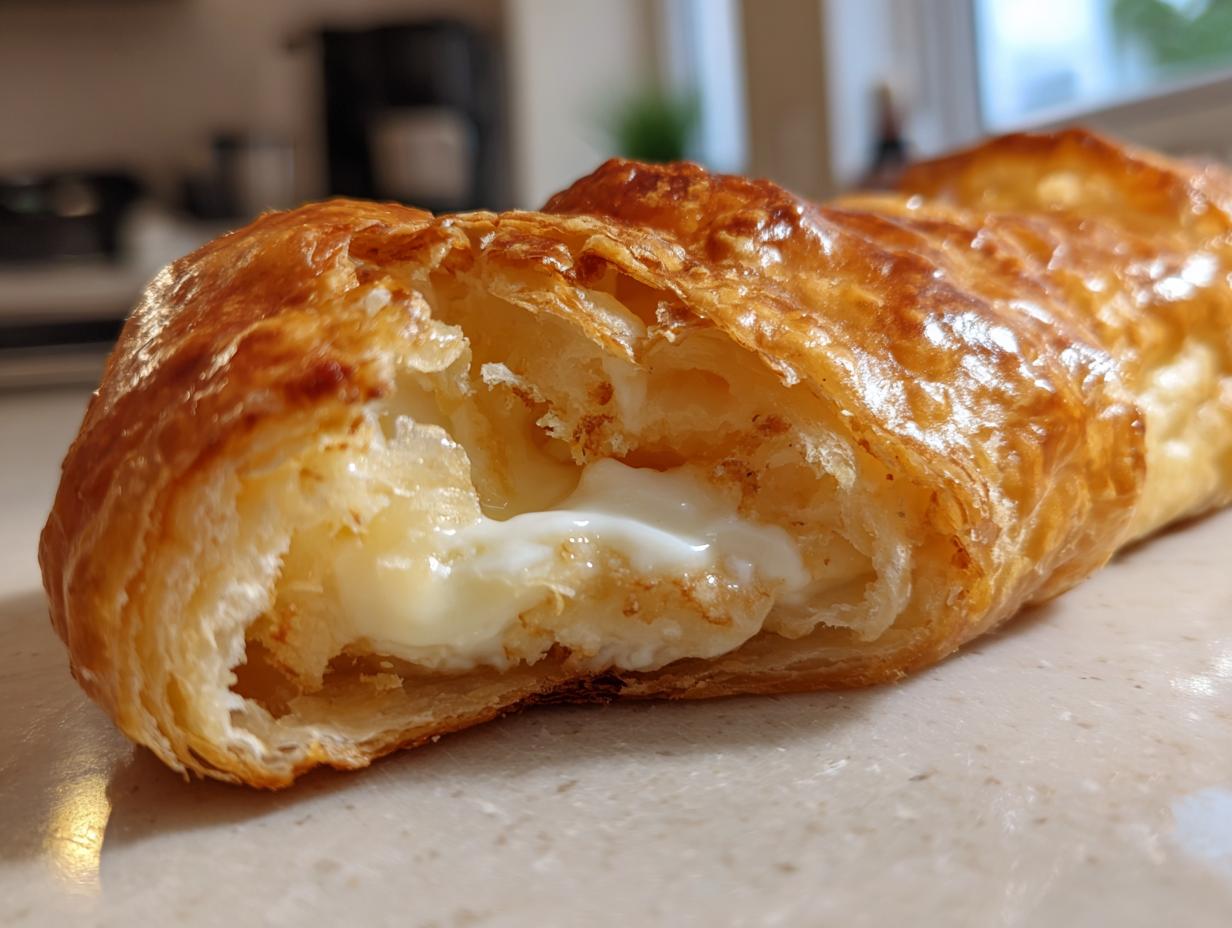 Close-up of a golden brown baked brie in puff pastry cut open to show the melted, gooey brie cheese inside.