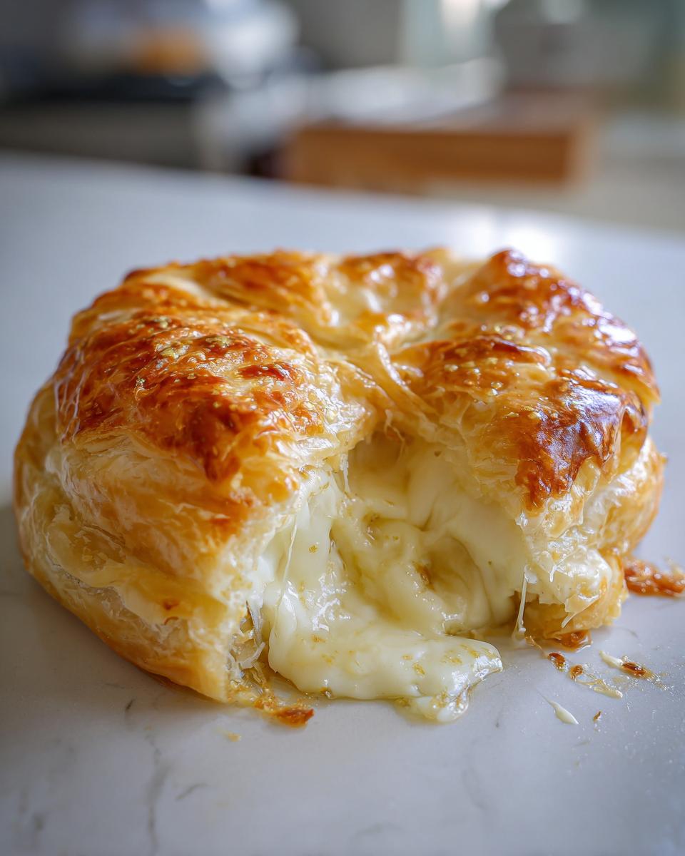 Close-up of a golden brown baked brie in puff pastry with molten cheese oozing out.