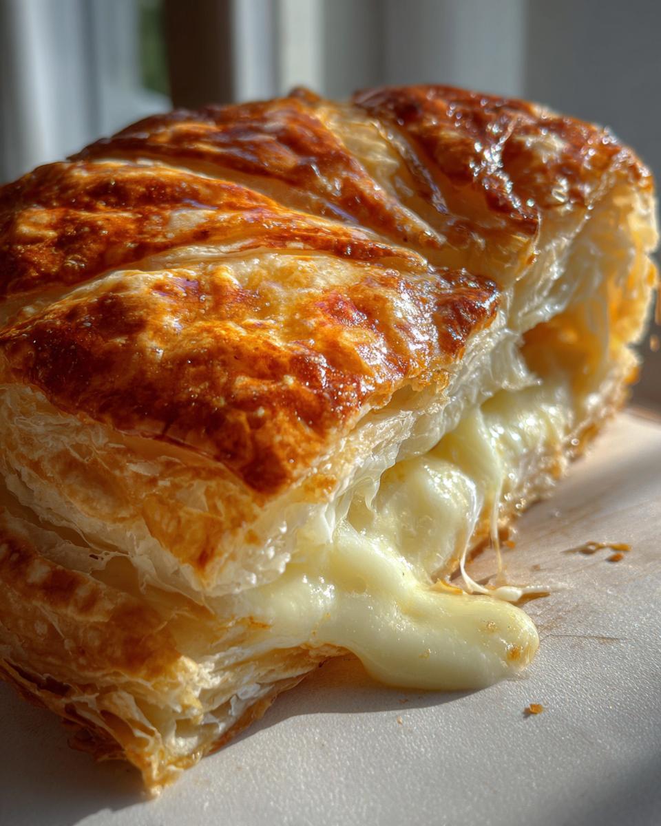 Close-up of a slice of golden baked brie in puff pastry with melted cheese oozing out.