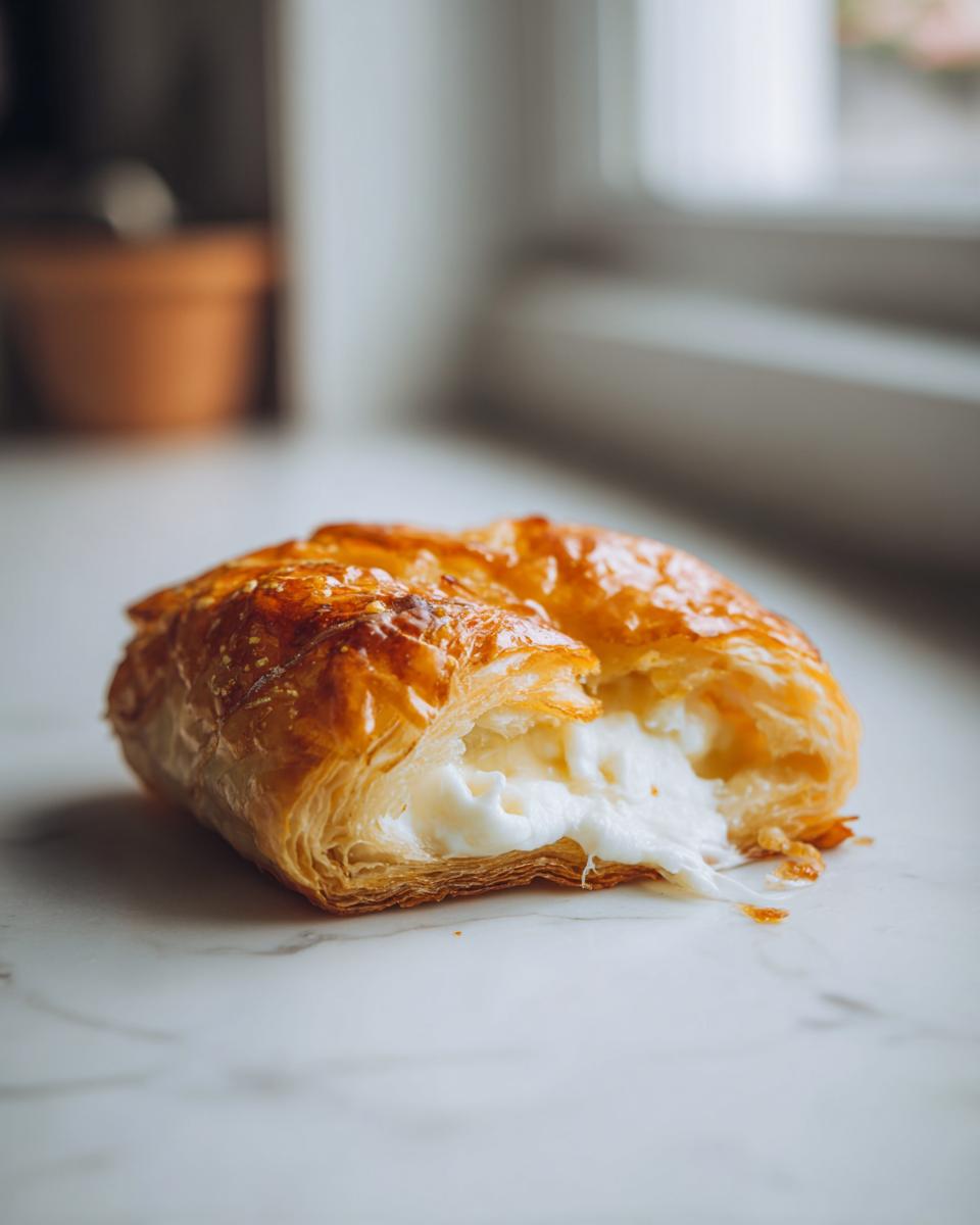 A golden brown baked brie in puff pastry, cut open to show the melted, creamy brie cheese oozing out.