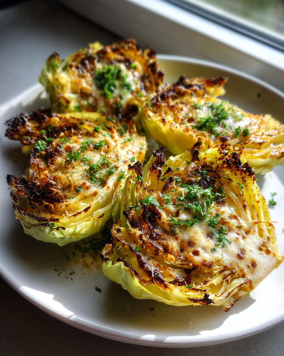 Four wedges of roasted cabbage recipe topped with melted, browned cheese and fresh parsley.
