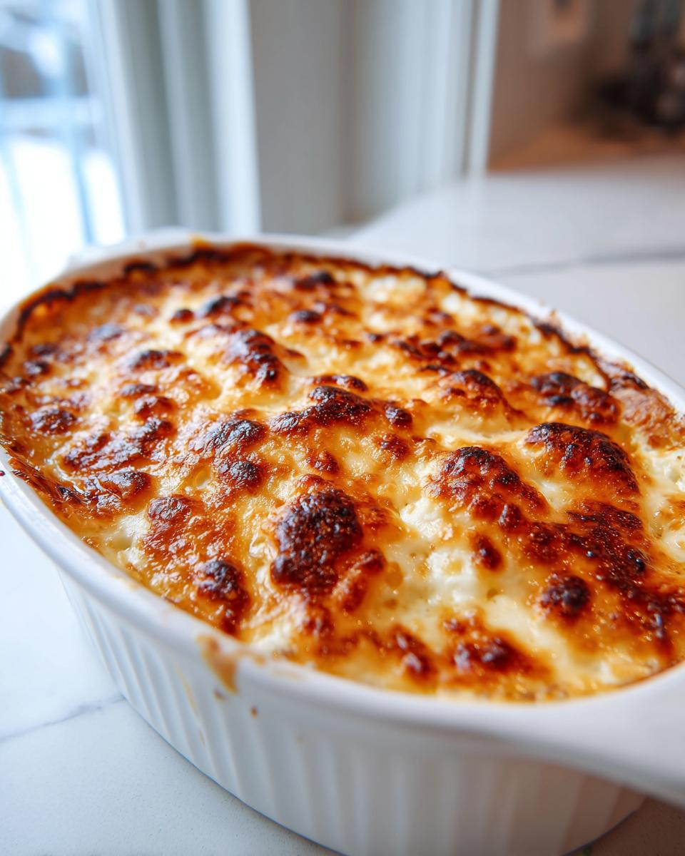 Close-up of a hot, baked caramelized onion dip topped with bubbly, deeply browned cheese.