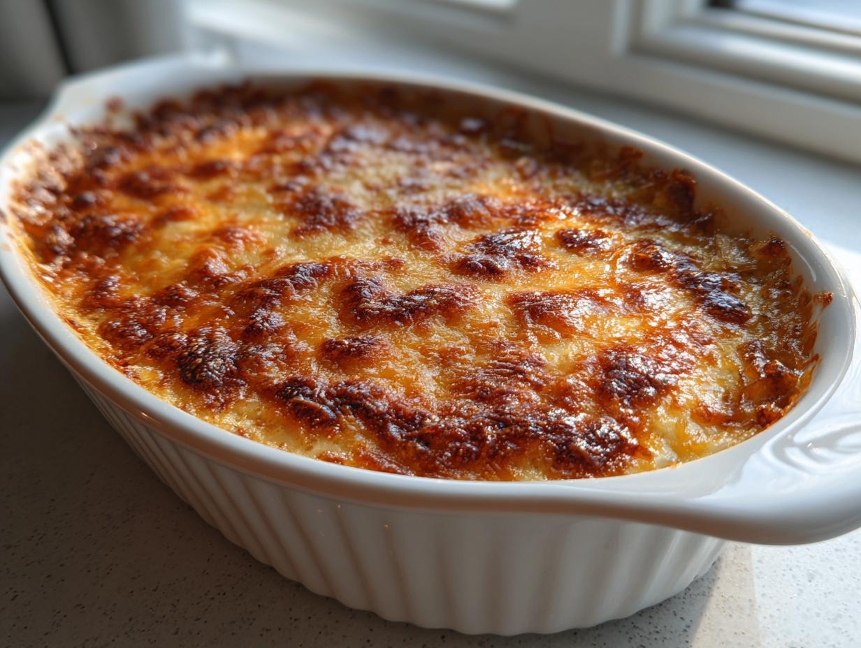 Close-up of a baked caramelized onion dip in a white oval dish, featuring a bubbly, deeply browned and cheesy top layer.