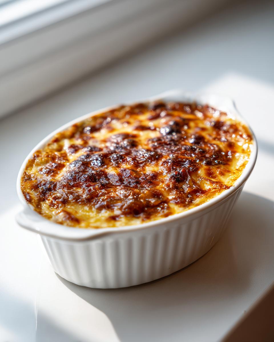 A small white ramekin filled with baked caramelized onion dip, featuring a deeply browned, cheesy top layer.