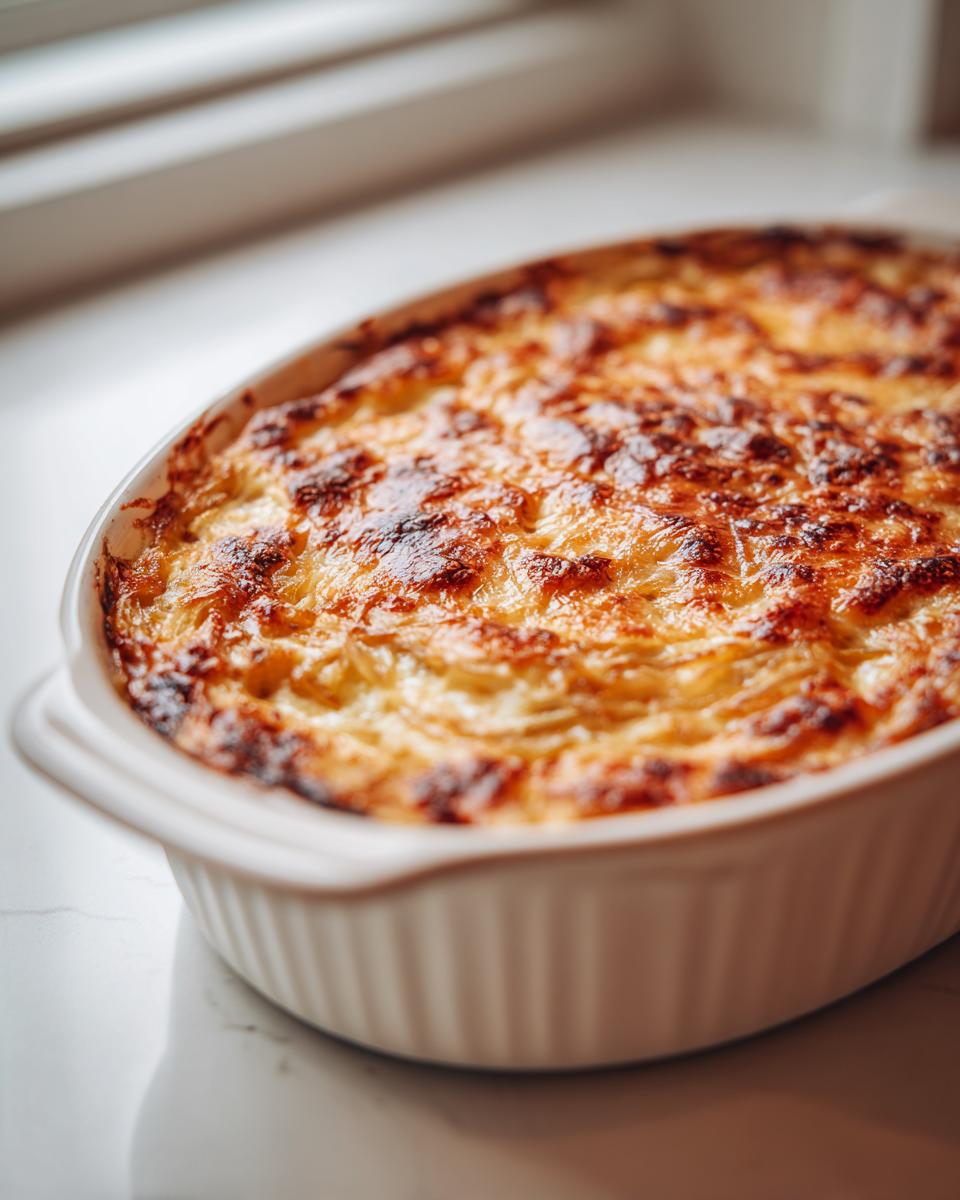 Close-up of a baked casserole dish with a deeply browned and cheesy top, not related to caramelized onion dip.