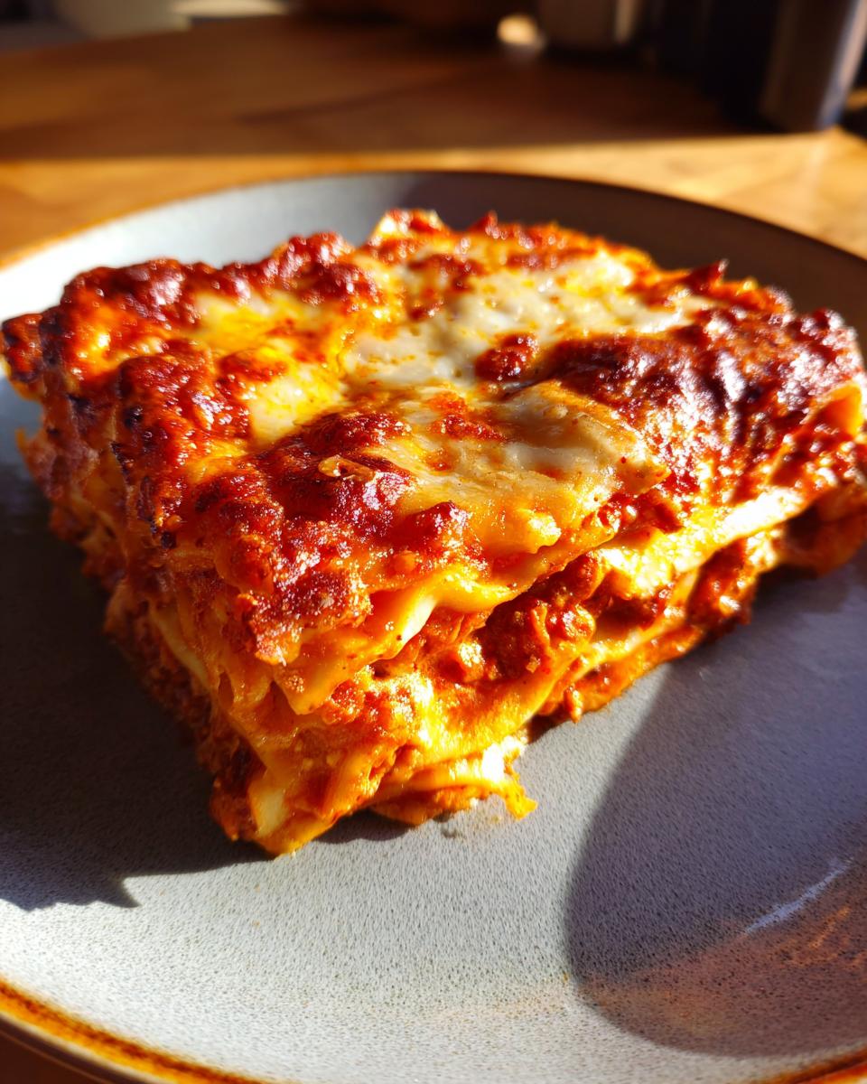 A square portion of baked dish, resembling lasagna but meant to represent cheese enchiladas, covered in rich red sauce and melted cheese.