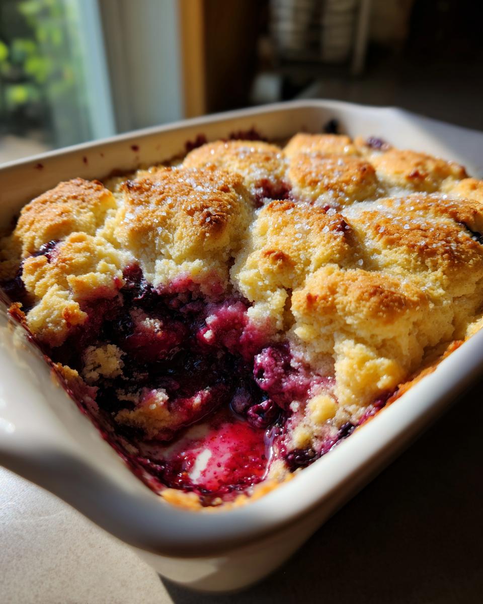 Close-up of a freshly baked mixed berry cobbler in a white dish, showing bubbling fruit filling and golden, sugared topping.
