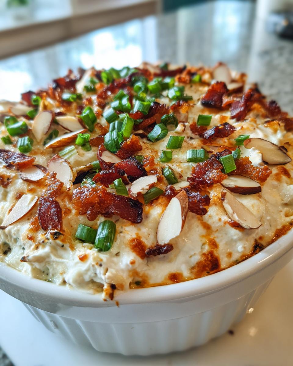 Close-up of a creamy, baked Neiman Marcus dip topped generously with crispy bacon bits, sliced almonds, and fresh green onions.