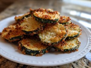 A stack of golden brown, crispy baked parmesan zucchini slices piled high on a white plate.