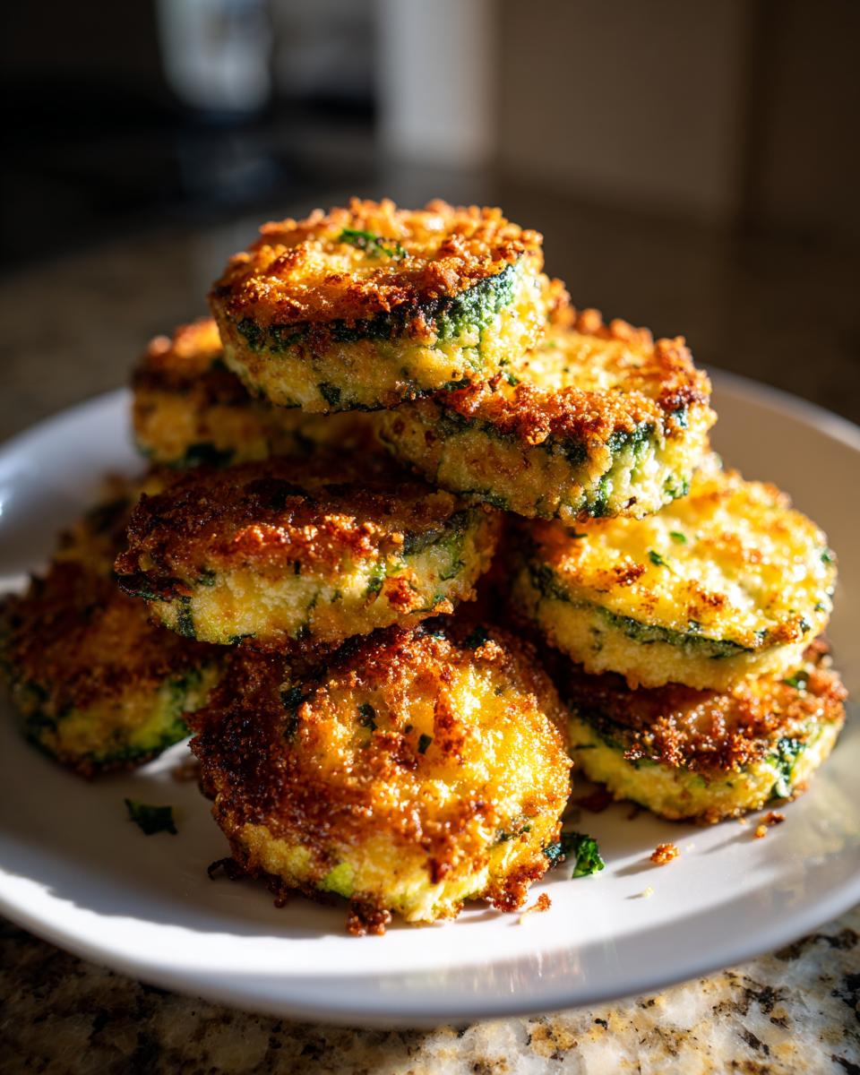 A stack of golden brown, crispy baked parmesan zucchini slices piled high on a white plate.