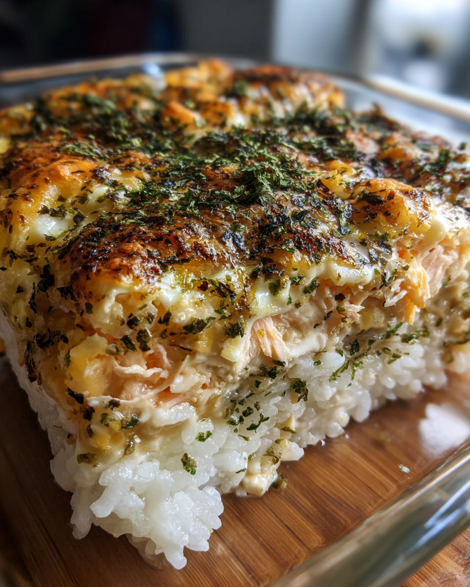 A close-up cross-section of a baked sushi bake showing layers of white rice, creamy salmon filling, and a browned, herbed topping.