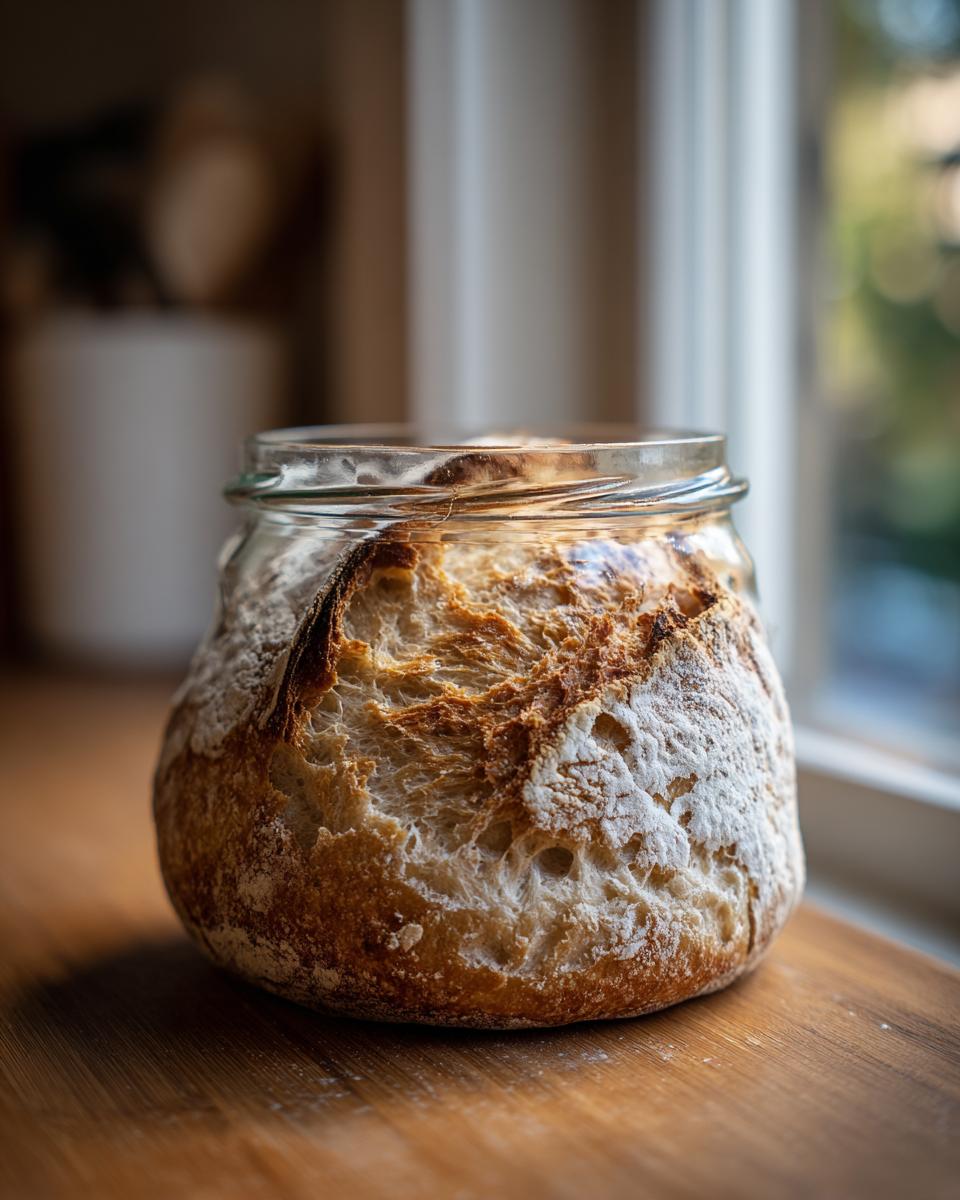A beautifully baked loaf of sourdough bread rising out of a glass jar, showcasing a rustic, flour-dusted crust.