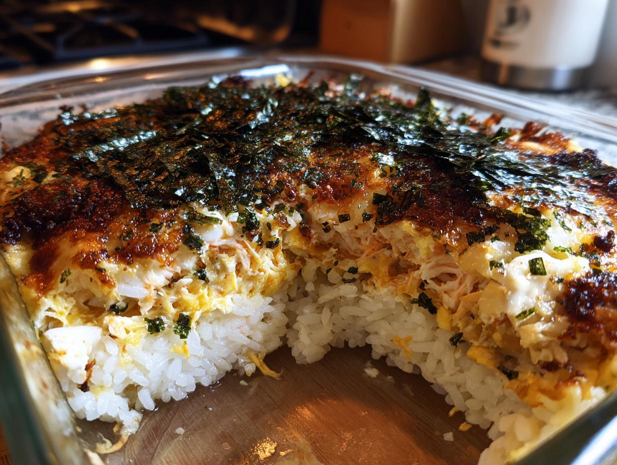 A square glass dish showing a cross-section of baked sushi, revealing layers of rice, creamy topping, and nori flakes.