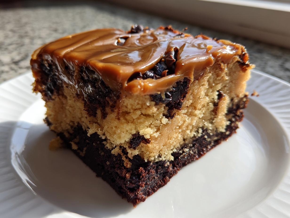 Close-up of a decadent slice of banana bread brownies with a marbled texture and thick caramel topping.