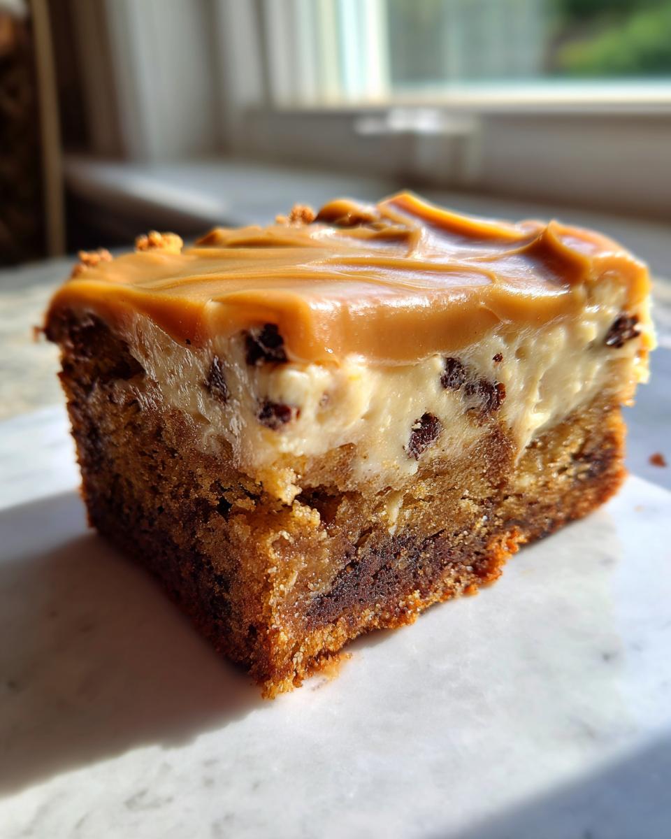 A decadent square of banana bread brownies topped with cream cheese layer and thick caramel frosting.