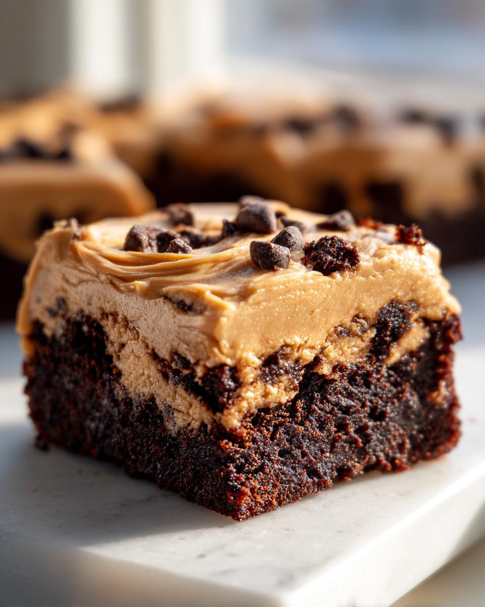 A decadent square of banana bread brownies topped with thick peanut butter frosting and chocolate chips.