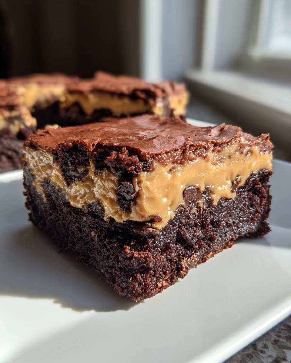 A rich, fudgy square of banana bread brownies topped with a thick layer of peanut butter swirl, sitting on a white plate.