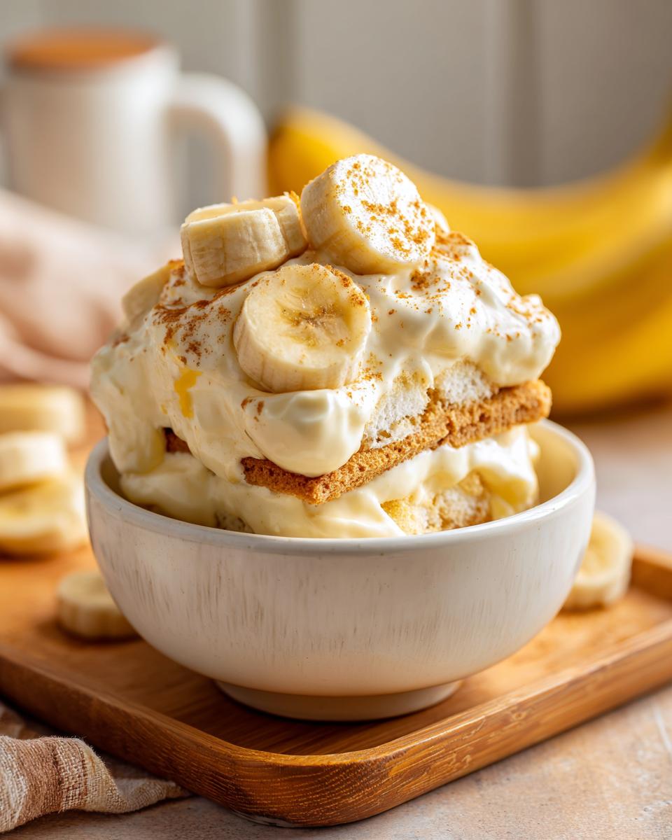 Close-up of a single serving of creamy banana pudding layered with vanilla wafers and topped with fresh banana slices and cinnamon.