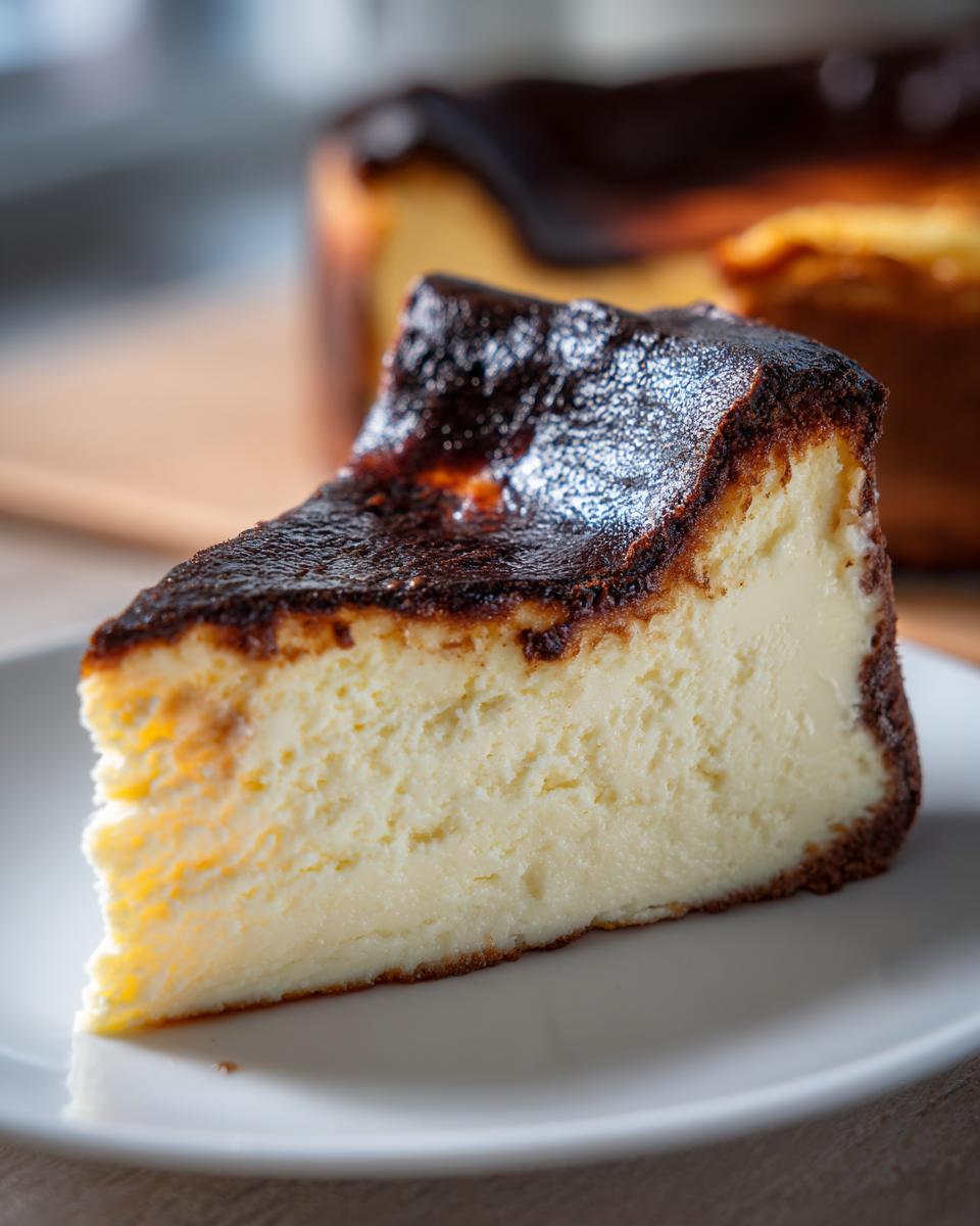 A close-up slice of creamy basque cheesecake showing its signature dark, caramelized top.