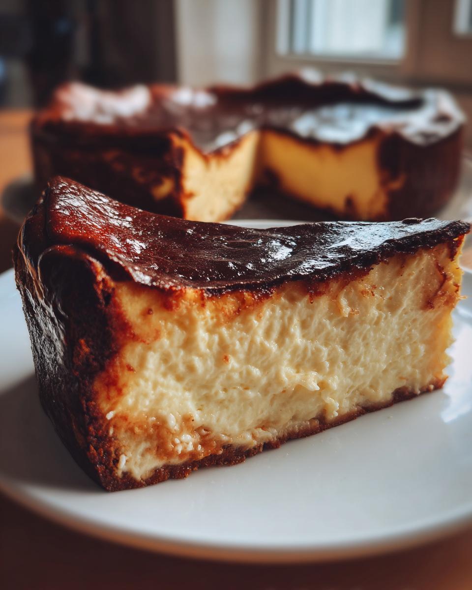 A close-up slice of creamy basque cheesecake featuring a dark, caramelized top, served on a white plate.