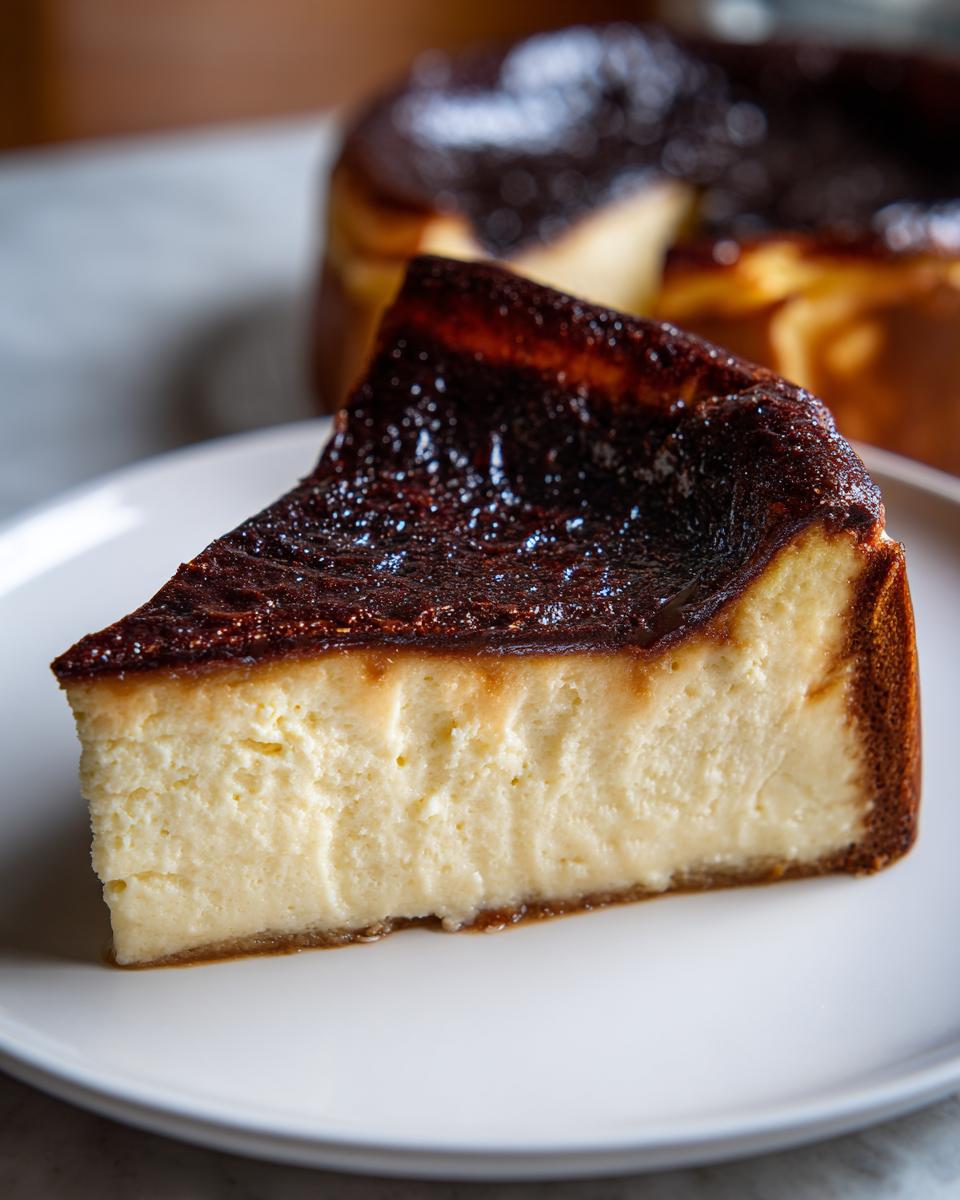 A close-up of a creamy slice of basque cheesecake featuring a deeply caramelized, almost burnt top.