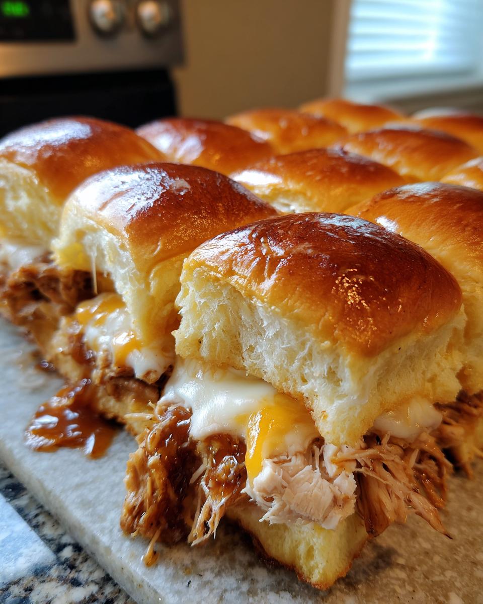 Close-up of freshly baked bbq chicken sliders showing shredded chicken, melted cheese, and glossy buns.
