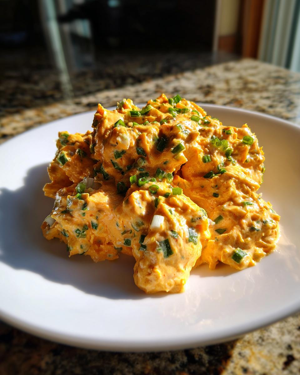 A mound of vibrant orange remoulade sauce, richly textured and topped with fresh green chives, served on a white plate.