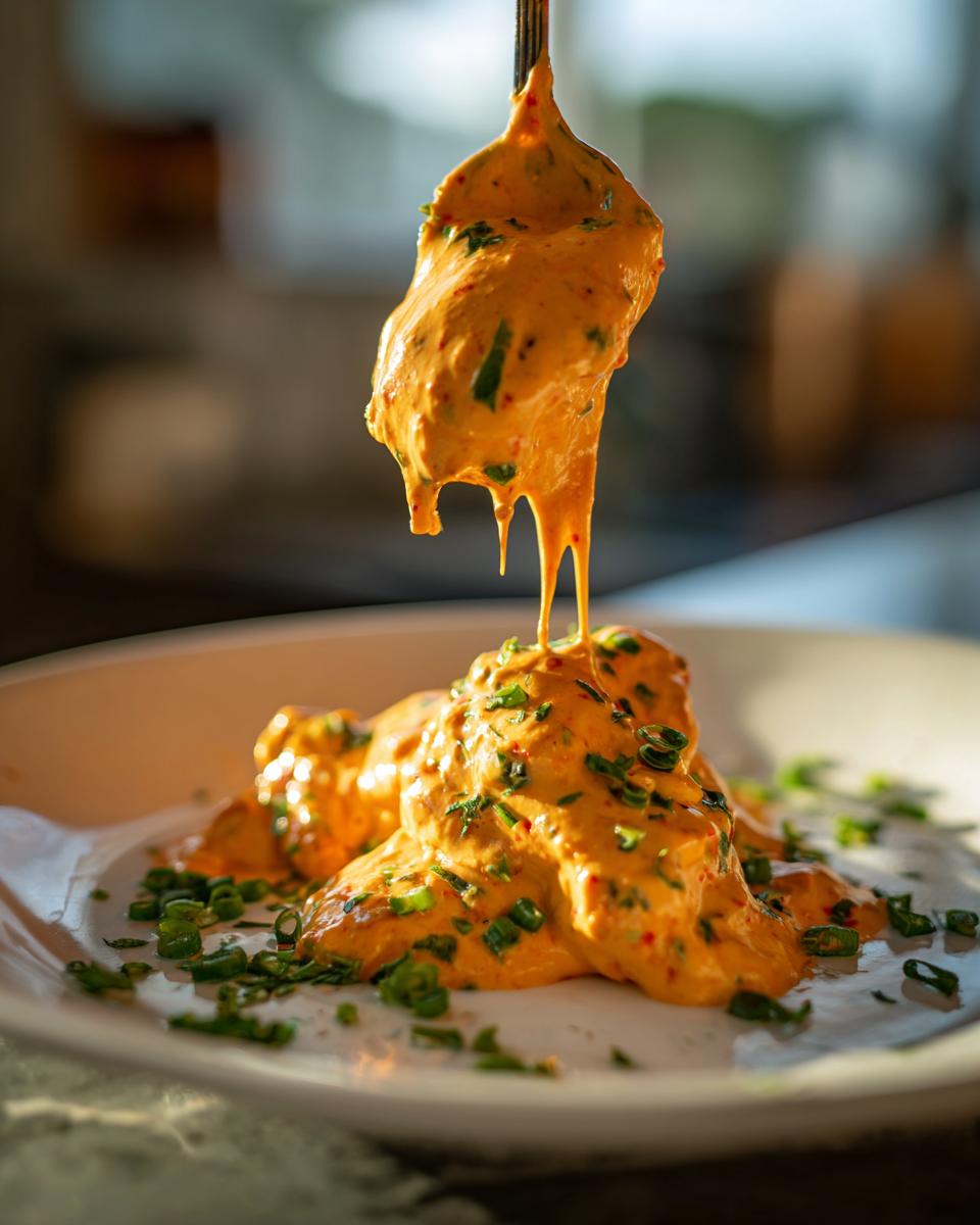 A spoonful of thick, orange remoulade sauce dripping onto a mound of sauce garnished with chopped green onions.