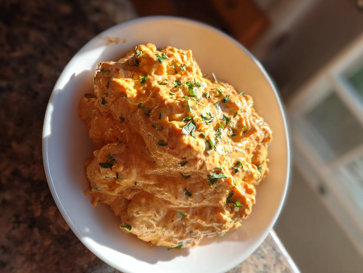 A close-up shot of a generous serving of bold, orange-hued remoulade sauce topped with fresh parsley in a white bowl.