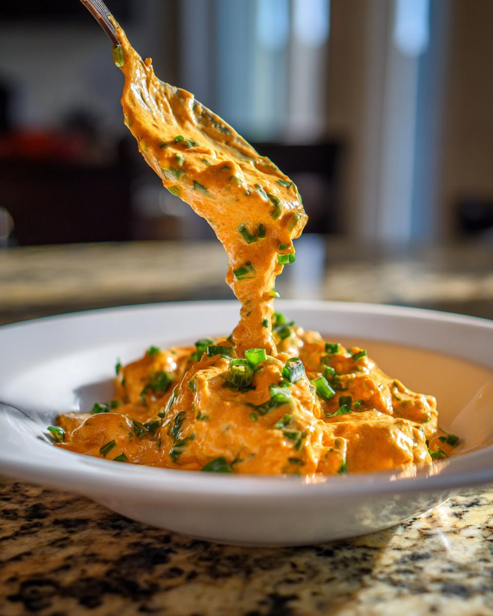 A spoonful of thick, orange remoulade sauce, garnished with chives, being lifted from a white bowl.