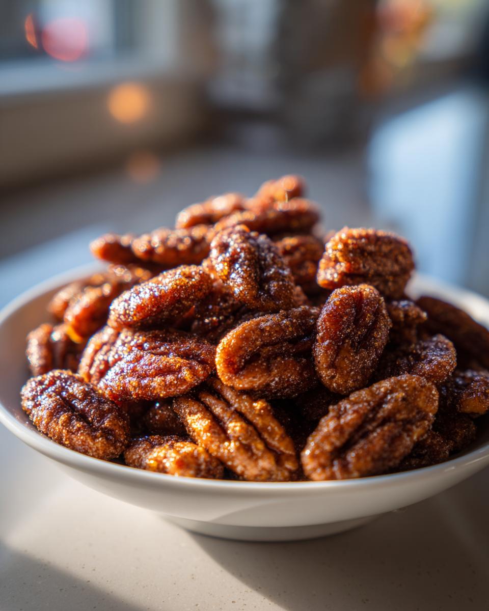 Close-up of a white bowl filled with glistening, candied cinnamon sugar pecans catching the sunlight.