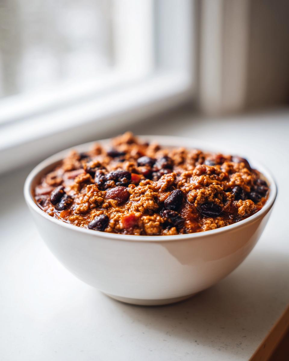 A white bowl filled with hearty high protein chili, featuring ground meat and dark kidney beans, set near a bright window.