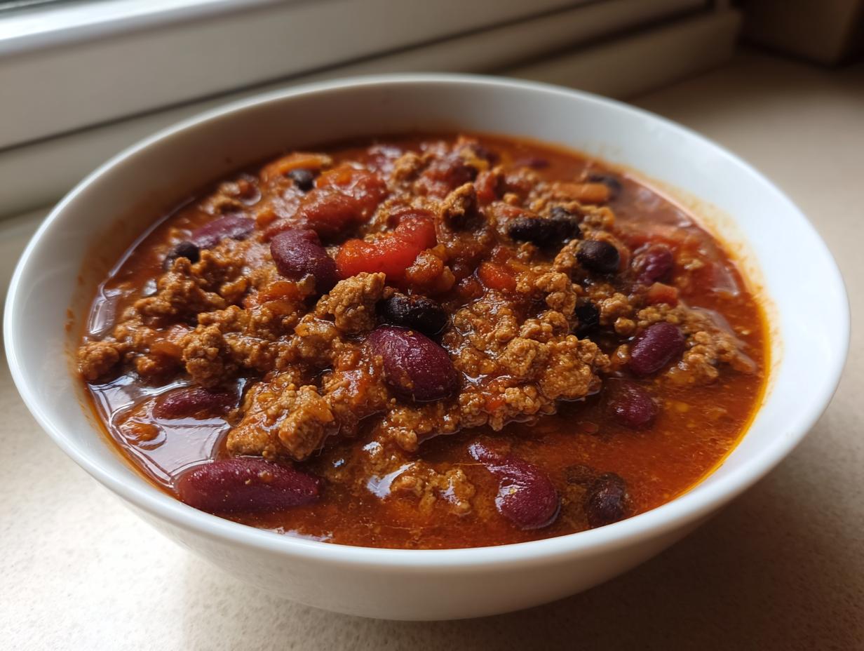 A close-up of a white bowl filled with rich, hearty high protein chili featuring ground meat and kidney beans.