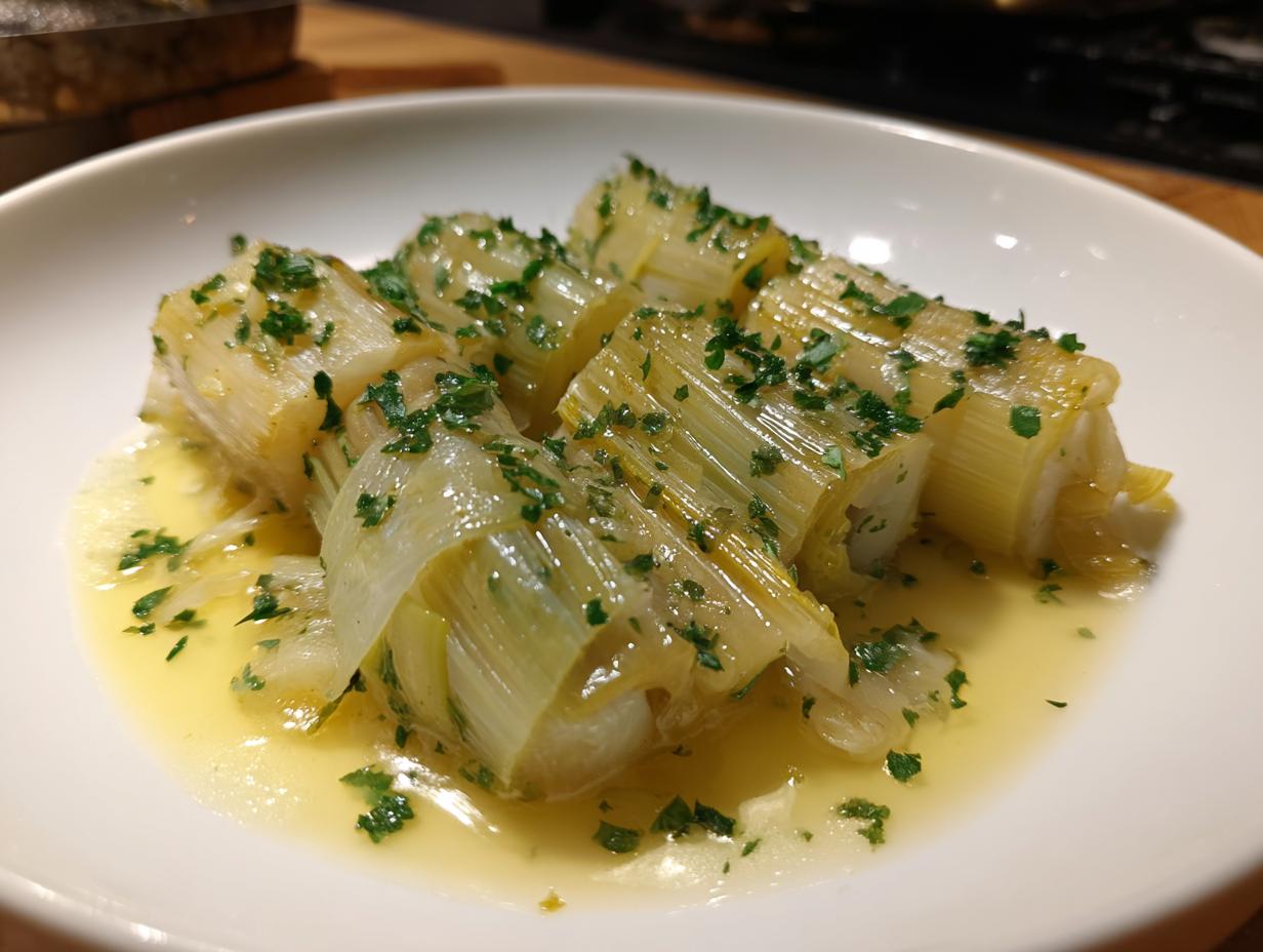 Four pieces of tender braised leeks served in a white bowl with a rich, buttery sauce and fresh parsley.