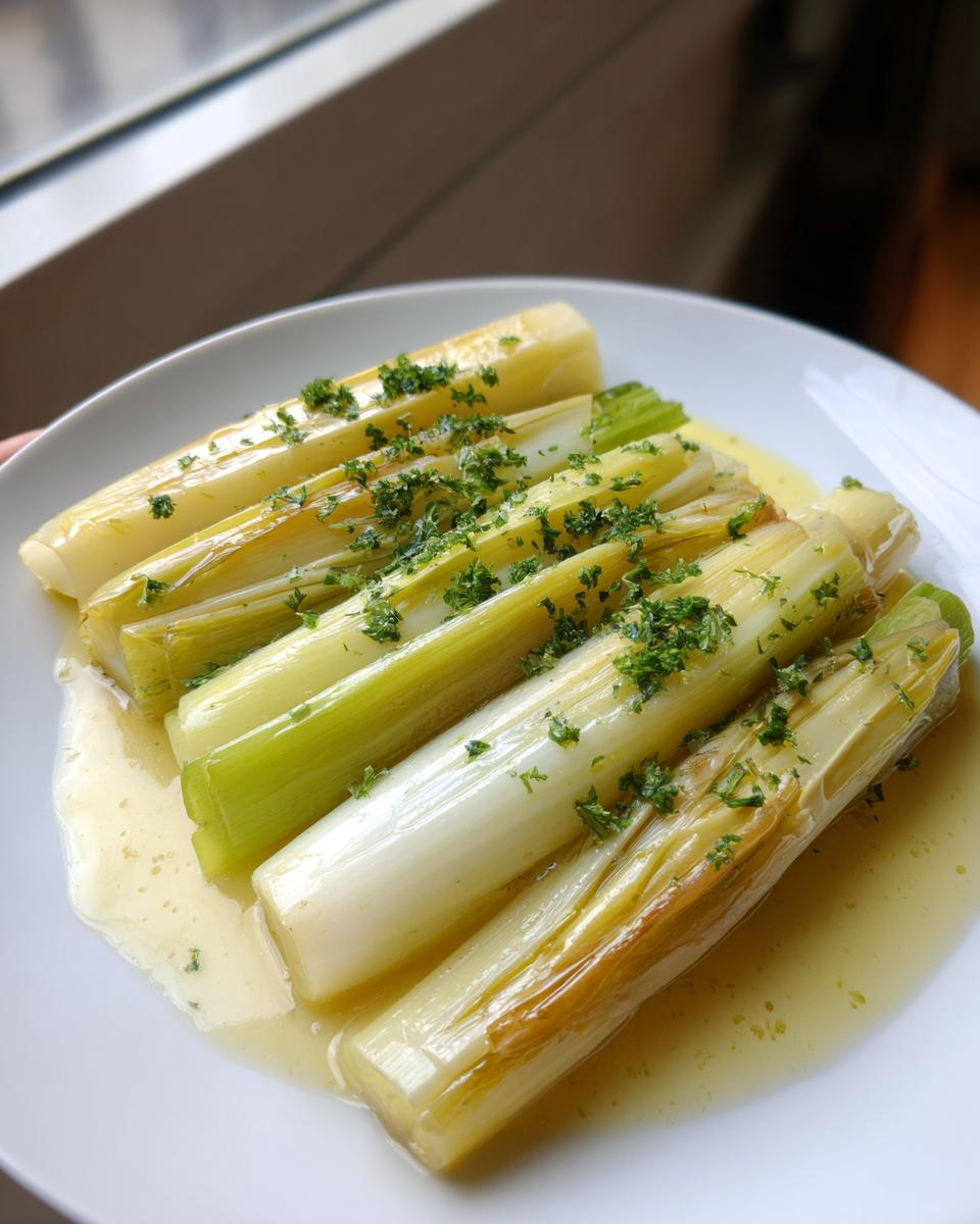 Close-up of tender, glossy braised leeks served in a light sauce and topped with fresh chopped parsley.