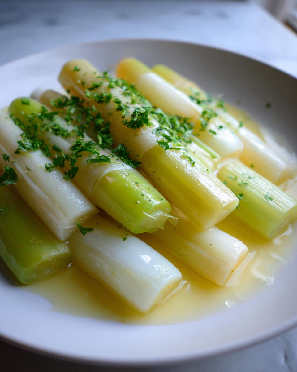 Close-up of tender, short pieces of braised leeks served in a light broth and topped with fresh chopped parsley.