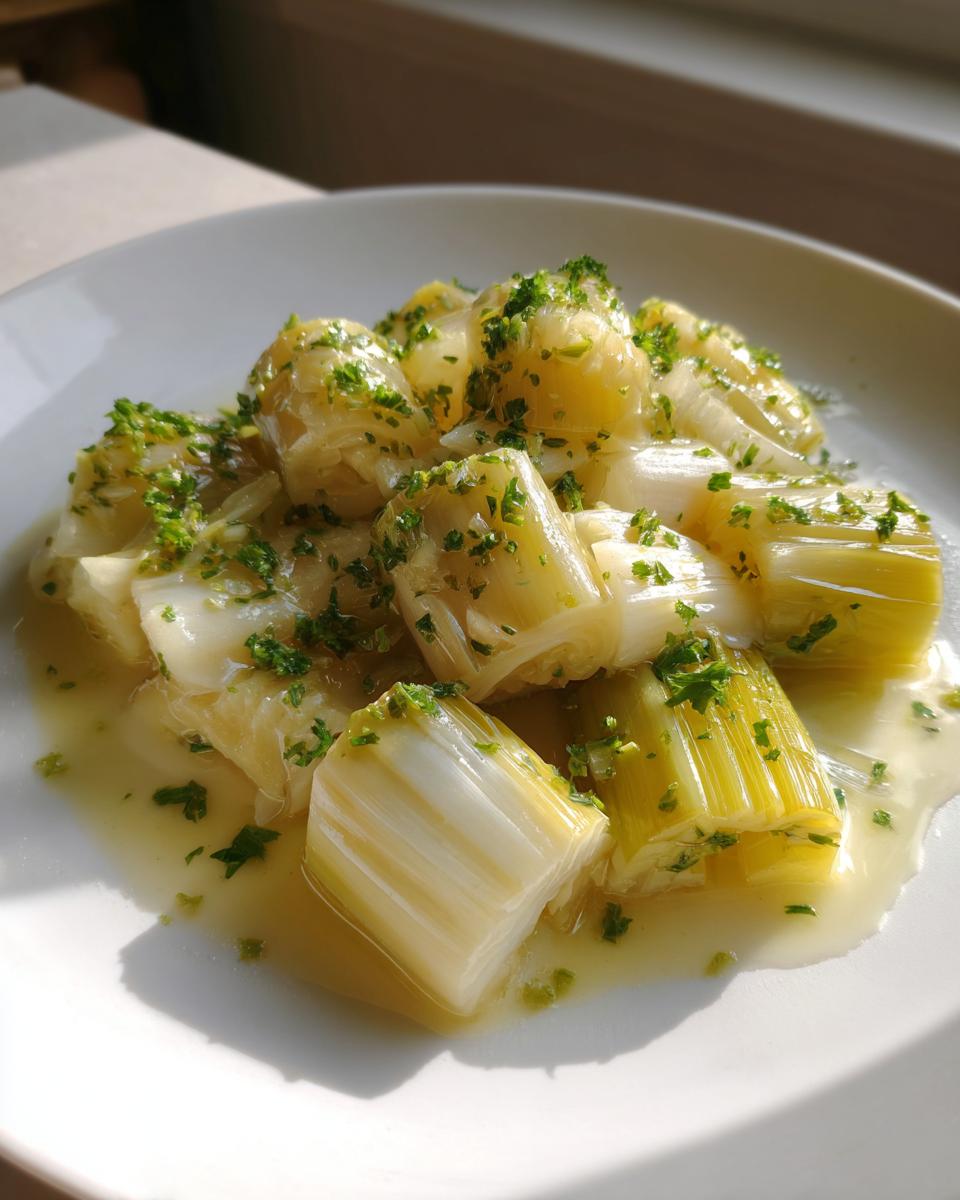 Close-up of tender, bright green and white braised leeks served in a light sauce and topped with fresh chopped parsley.