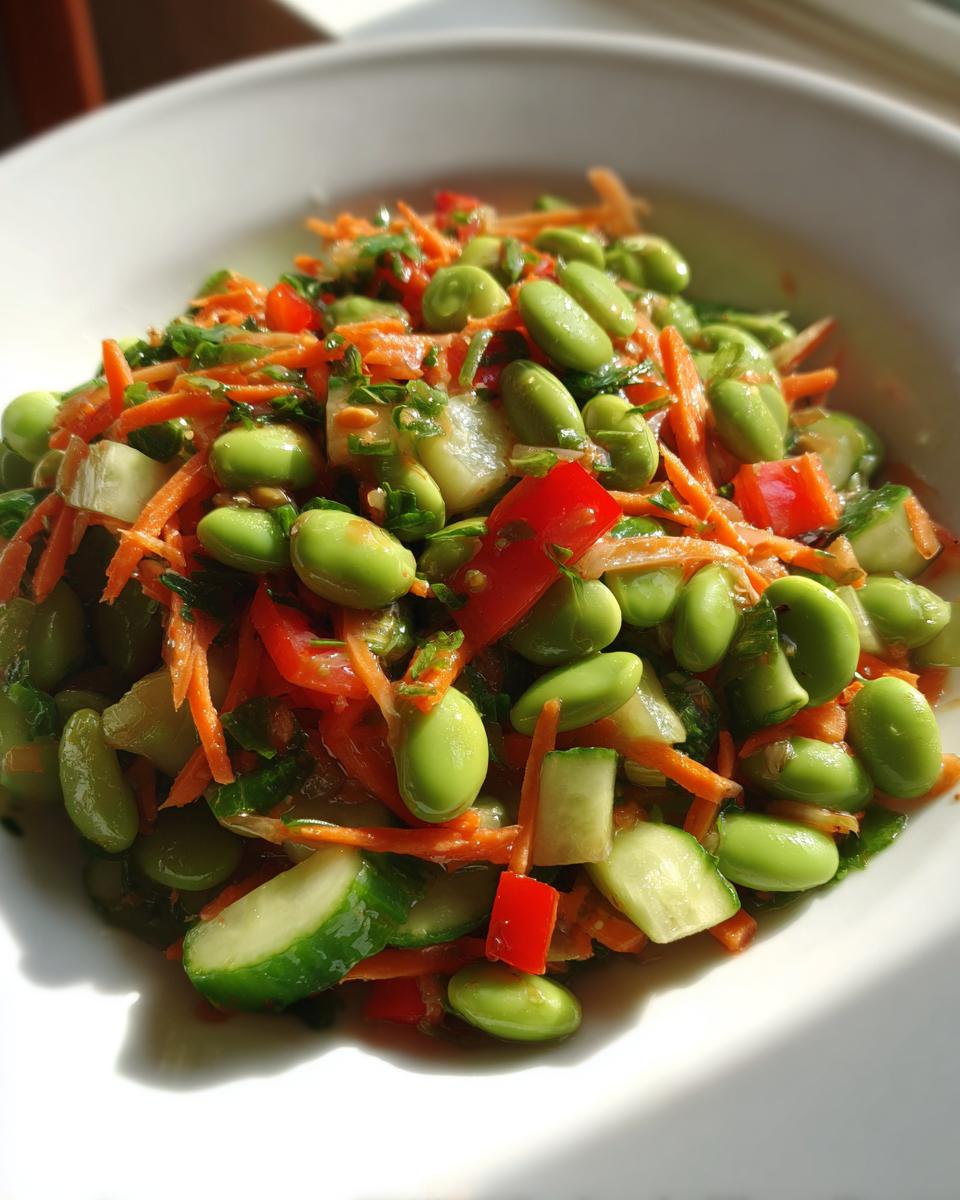 Close-up of a vibrant edamame salad featuring shelled edamame, shredded carrots, cucumber, and red pepper.
