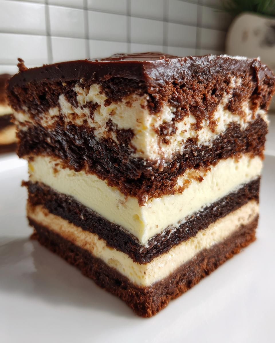Close-up of a thick slice of brownie refrigerator cake showing five distinct layers of dark chocolate cake and creamy filling.