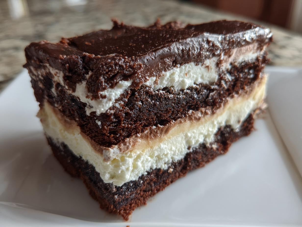 Close-up of a rich, layered slice of brownie refrigerator cake showing dark chocolate cake, white cream, and a light brown filling.