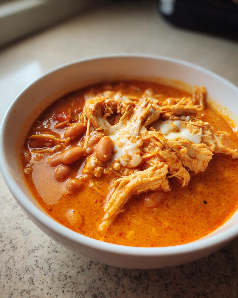 Close-up of a white bowl filled with spicy orange buffalo chicken chili, topped with shredded chicken and melted white cheese.