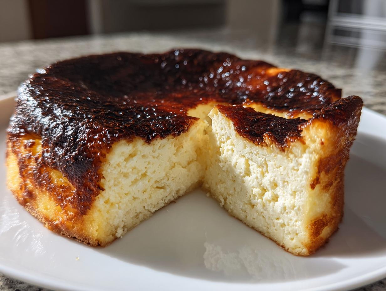 A whole basque cheesecake with a slice cut out, showing the creamy interior and deeply caramelized top.