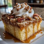 A decadent slice of butter pecan praline poke cake topped with caramel sauce, pecans, and whipped cream.