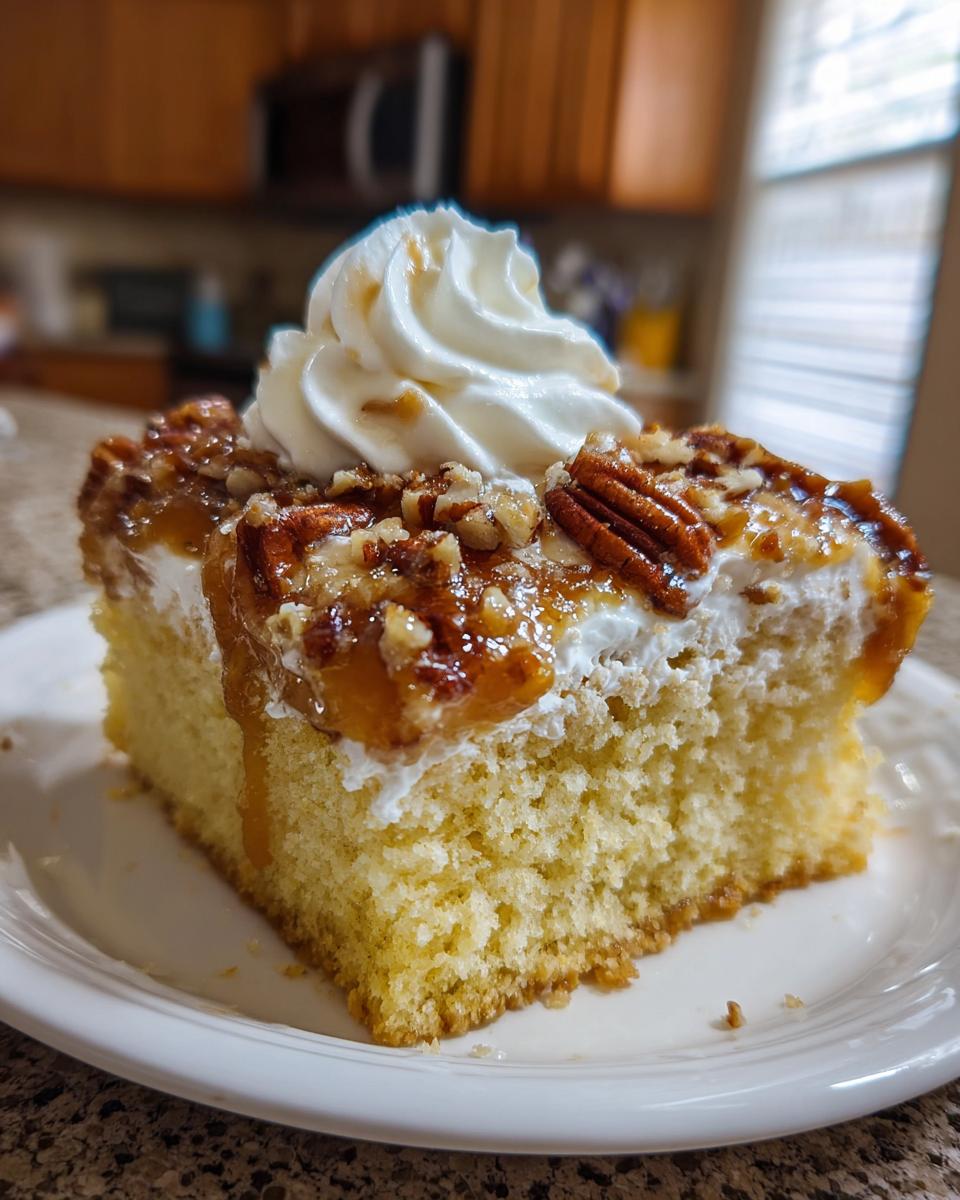 Close-up of a moist slice of butter pecan praline poke cake topped with whipped cream and caramel drizzle.