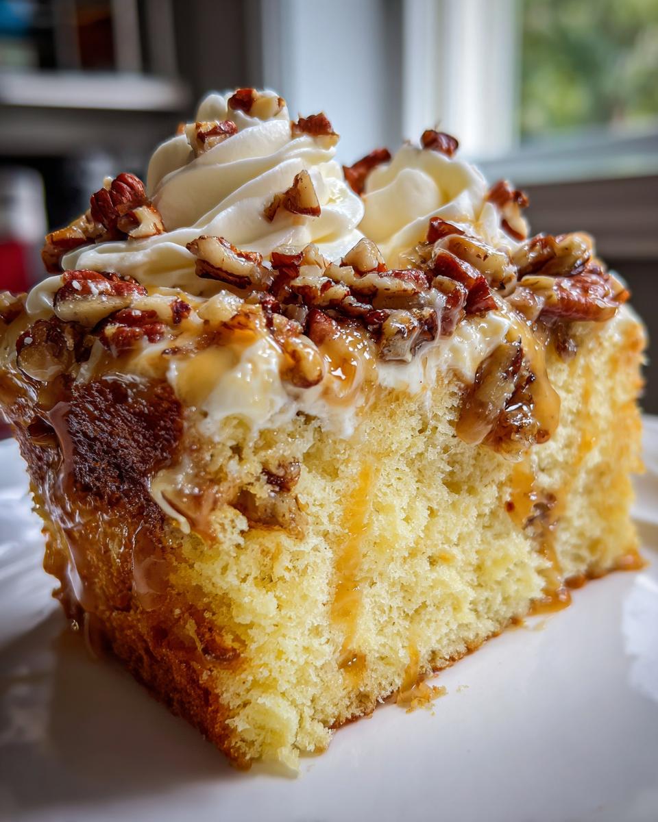 Close-up of a moist slice of butter pecan praline poke cake topped with whipped cream and pecans.