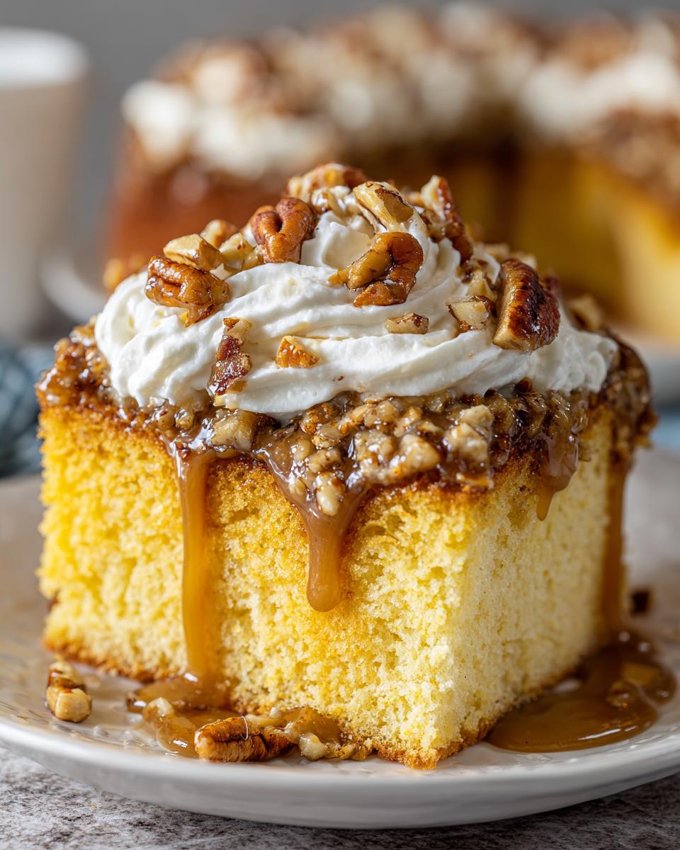Close-up of a moist slice of butter pecan praline poke cake topped with whipped cream and caramel sauce.