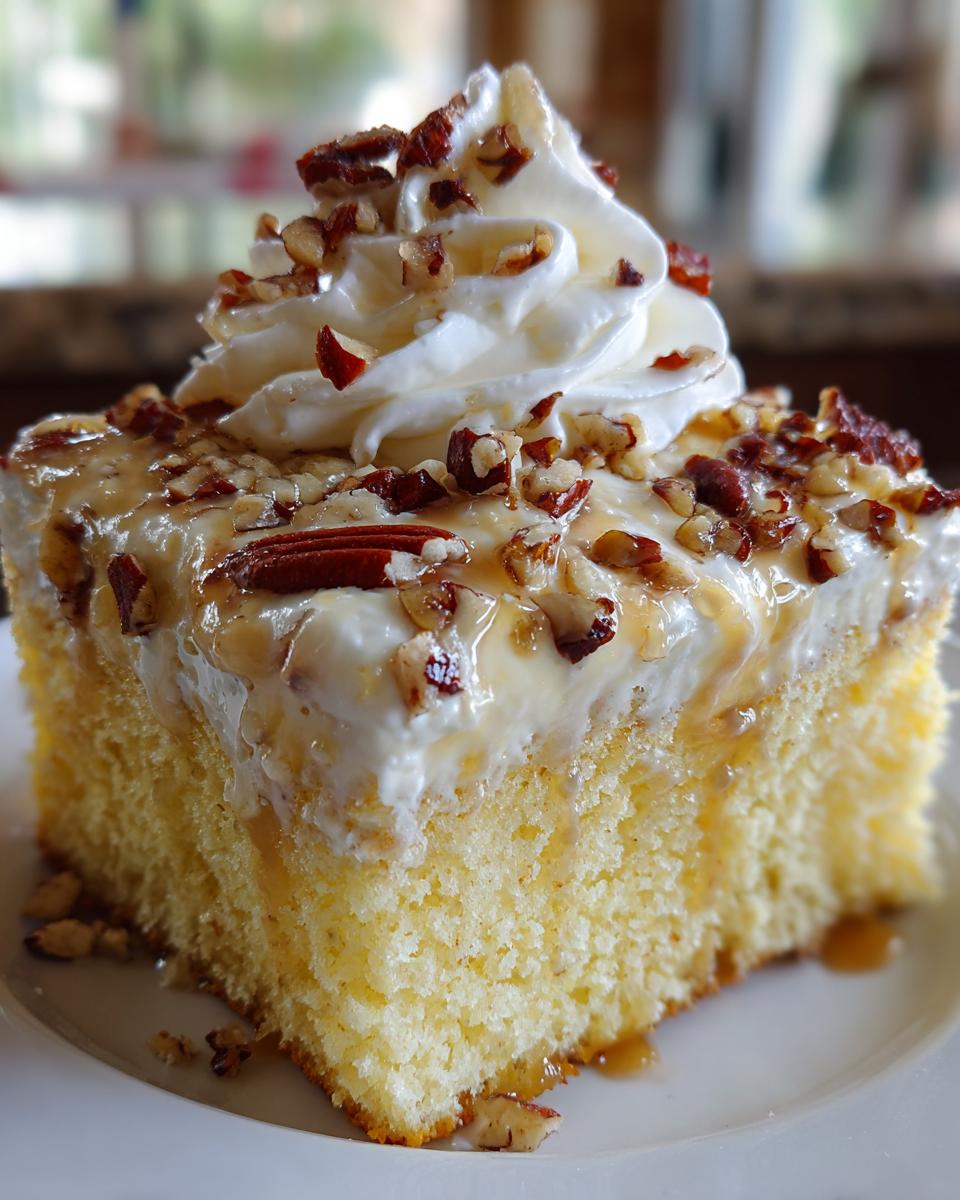 Close-up of a moist slice of butter pecan praline poke cake topped with whipped cream and pecans.