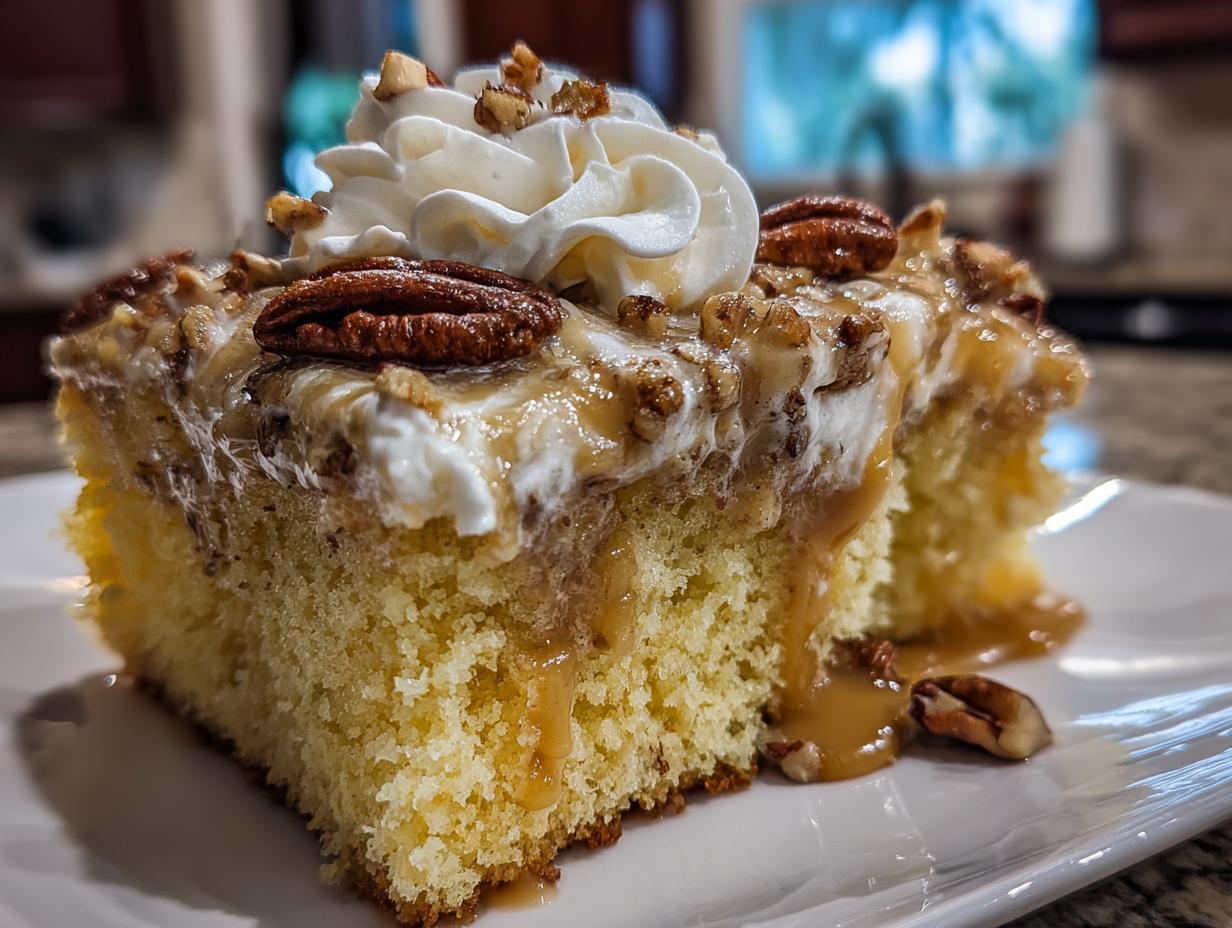 Close-up of a moist slice of butter pecan praline poke cake topped with whipped cream, pecans, and caramel drizzle.