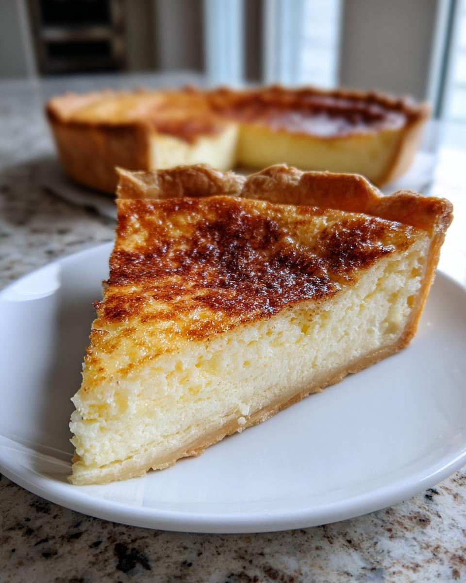 A close-up slice of buttermilk pie with a golden-brown, caramelized top, sitting on a white plate.